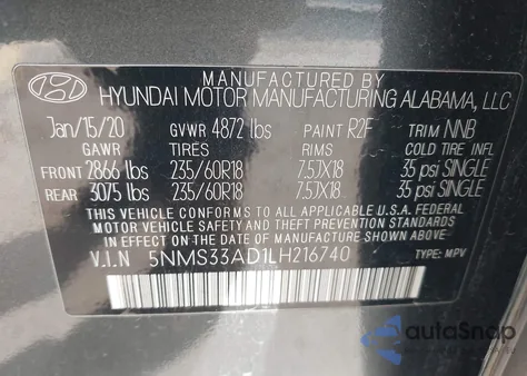 2020 Hyundai Santa Fe Sel z USA, uszkodzony, nr VIN 5NMS33AD1LH216740